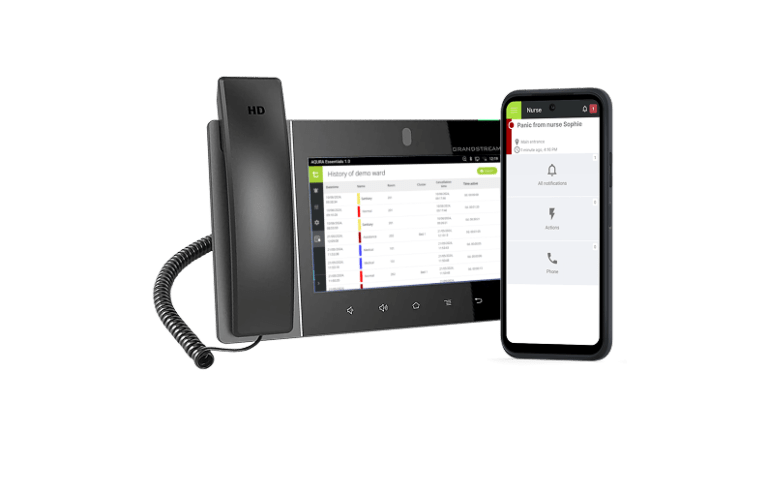 Smartphone running the AQURA app and desk phone receiving alarms